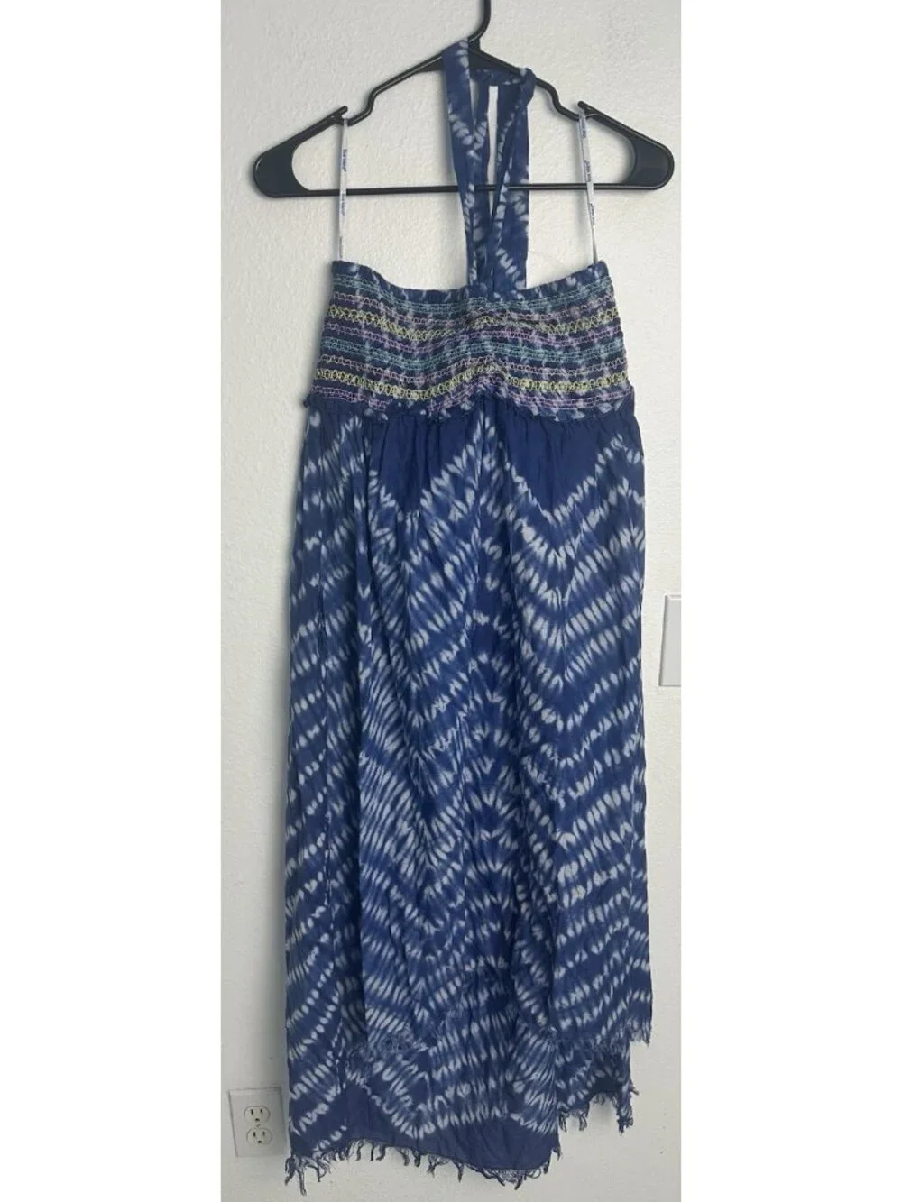 Blue Island Tie Dye Halter Dress Cover Up L Large Cotton Smocked High Low Boho